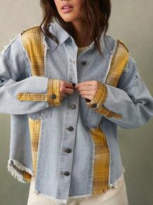 WESTFADE Premium Denim And Flannel Western Patchwork Shacket Nashville Style Outfits - Light Wash - View 2