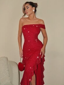 SHEIN ICON Valentine's Day Form-Fitting Asymmetric Shoulder Ruffled High Slit Detail Women Formal Red Dress For Birthday Party, For Graduation