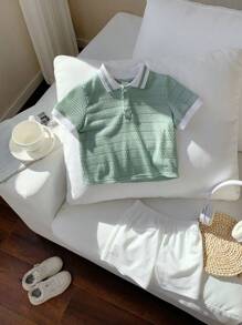 Set da 2 pezzi per neonati maschio/femmina, top a maniche corte con colletto polo a contrasto di colore e pantaloncini con vita elastica di colore unito