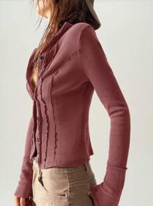 Bohemela Top ajustado de manga larga y apertura frontal de punto de unicolor para mujeres