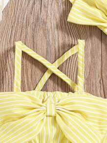 SHEIN Vintaside Kids 2 件套女婴时尚可爱条纹露肩连体衣和头带套装，夏日派对 - 黃色 - 查看 4