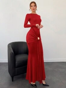 Aloruh New Arrival Maillard Long Dress, Autumn/Winter - Red - View 3