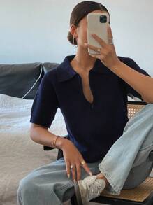 Livesso 女士修身纯色 Polo 领拉链短袖针织上衣，休闲，秋装，返校服 - 藏蓝色 - 查看 5