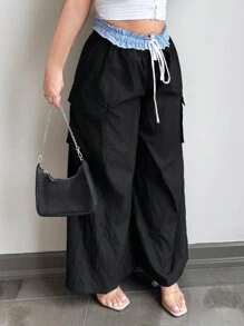 SHEIN SXY Plus Size Women's Spring/Summer Sexy Fashion Plaid Frill Patchwork Big Pocket Wide Leg Pants, Suitable For Date Night, Birthday, Bachelorette Party, Cute, Casual, Shopping, Streetwear, Going Out, Easy To Match & Looks Slim, Accentuates Your Body, Flattering Figure - Black - View 5