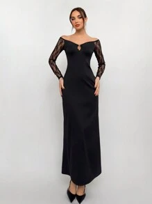 Aloruh Ladies Autumn And Winter New Pure Black Retro Sexy Romantic Lace Splicing Deep V Neck Hollow Super Long A-Line Elegant Party Dress, Valentine's Day, Ladies Dress, Elegant Dress, Valentine's Day, Ladies Birthday Dress, Ladies Black Dress