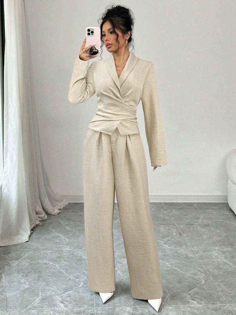 Firerie Bộ đồ hai mảnh gồm áo choàng tay dài cổ chữ V màu kaki và quần ống rộng siêu nhỏ cho nữ, Bộ đồ hai mảnh thời trang xuân hè thu, Bộ đồ hai mảnh quần kaki, Bộ đồ hai mảnh kiểu áo khoác blazer cổ choàng., Bộ đồ hai mảnh cho nữ, Bộ đồ hai mảnh cho nữ, Bộ quần dài cho nữ, Bộ đồ đi làm hai mảnh, Trang phục đi làm/Thanh lịch/Ngày nhà giáo/Trang phục công sở, Tốt nghiệp, Trang phục giáo viên cho nữ, Trở lại trường học - Màu Khaki - Xem 1