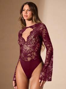 SHEIN BAE 黑色纯色性感简约优雅透明蕾丝金属装饰方领长袖女式紧身衣，适合鸡尾酒会、浪漫约会、秋冬季汗衫、派对、正式活动、夜间外出、婚礼嘉宾、万圣节、圣诞节 - 酒紅色 - 查看 6