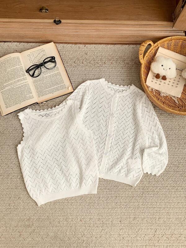 Blossori Conjunto de suéter blanco de cuello redondo y ajuste holgado para niñas, otoño/invierno