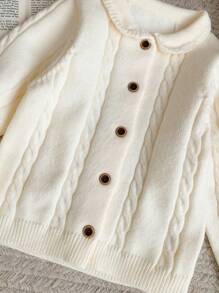 SHEIN Young Girls White Fitted Collared Cardigan Sweater, Autumn/Winter - White - View 3