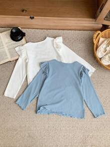 SHEIN Young Girls' French Elegant Knit Form-Fitting Crew Neck Ruffle Sleeve T-Shirt Set, Spring/Summer - Multicolor - View 2