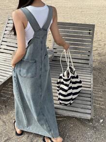 DAZY 女式宽肩带纽扣口袋休闲牛仔连衣裙 - 藍色 - 查看 4