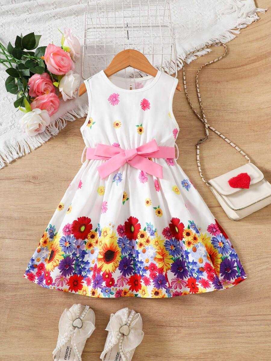 SHEIN Floral Print Cute Sleeveless Round Neck Dress For Young Girls - Baby Pink - View 1