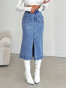 RueChic Mid Waist Back&Front Slit Denim Skirt