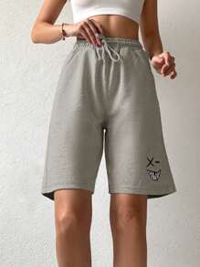 RueChic Cotton Cartoon Graphic Drawstring Waist Track Shorts - Light Grey - View 3