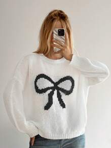 Forever 21 Autumn/Winter New Round Neck Big Bow Color Block Loose Casual Sweater For Girls