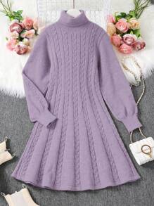 Teenage Girls' High Neck Long Sleeve Cinched Waist V-Neck A-Line Knitted Dress, Autumn/Winter - Purple - View 1