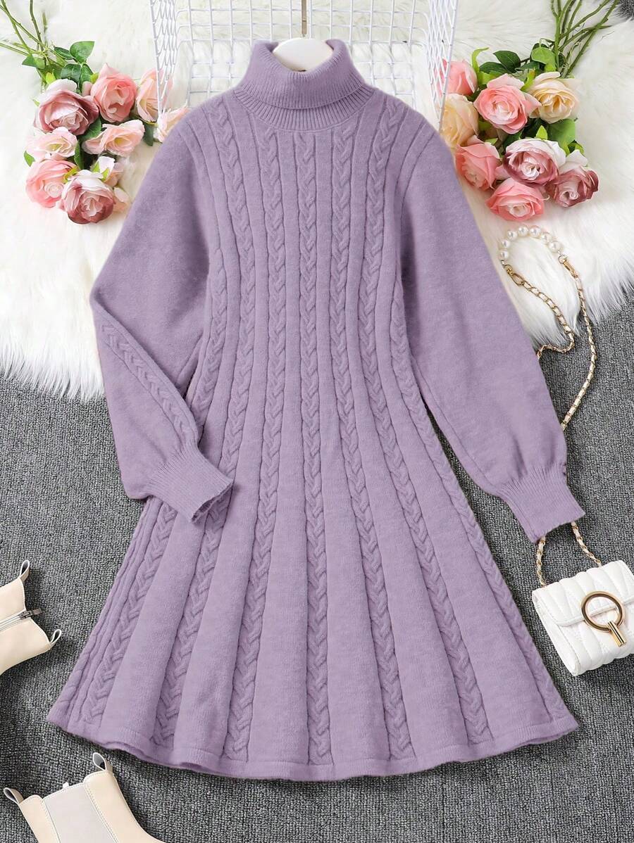 Teenage Girls' High Neck Long Sleeve Cinched Waist V-Neck A-Line Knitted Dress, Autumn/Winter - Purple - View 1