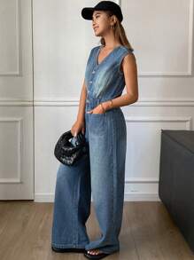 DAZY 女士V领无袖休闲连体裤和背带裤 - 中等水洗藍 - 查看 4