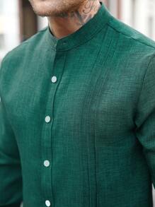 Manfinity Homme 男士休闲商务通勤纯色长袖纽扣衬衫，男士纯色纹理休闲皱褶双贴袋通勤轻熟长袖纽扣衬衫，适合秋季 - 墨綠色 - 查看 5