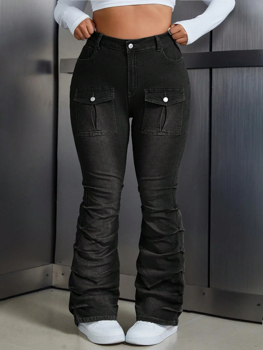 SHEIN ICON Plus Size Button-Front Pocket Simple Design Jeans, Casual For Daily Wear - Black - View 1