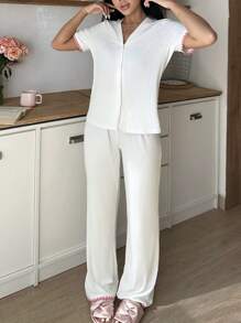 2pcs/Set Women Casual Contrast Trim Loungewear Set Outfit - Multicolor - View 6