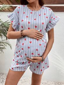 SHEIN Bohemian Ruffled Drop Shoulder Top And Adjustable Waist Wide Leg Shorts 2Pcs Maternity Set - Blue - View 2