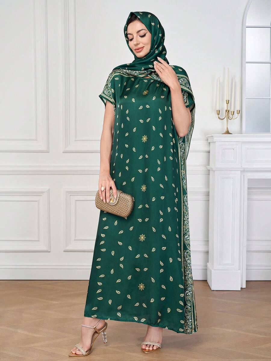 Al Najma Women Paisley Floral Print Bat Sleeve Arabic Style Dress With Hijab Scarf, Modest Full Length Dresses - Dark Green - View 1