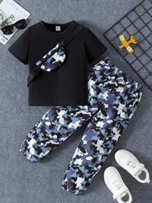 SHEIN 2件套男童休闲圆领短袖上衣和长裤套装