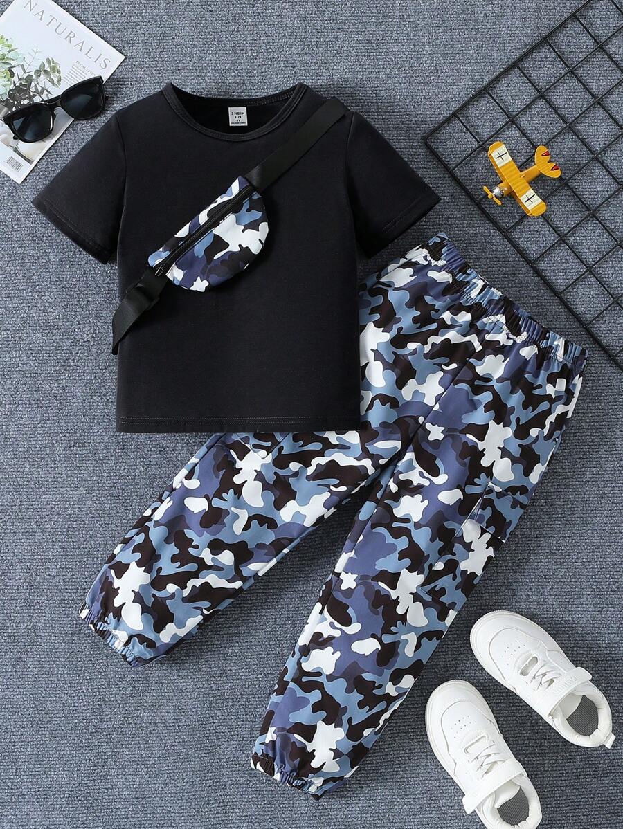 SHEIN 2件套男童休闲圆领短袖上衣和长裤套装