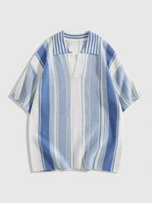 ROMWE MEN Casual Herren Polokragen gestreifter Lässig Strick Pullover - Babyblau - Übersicht 2