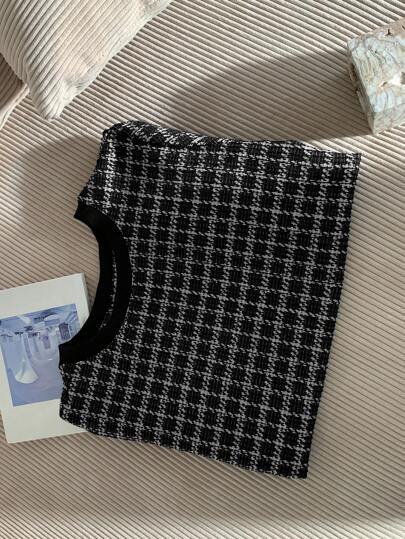 Dazy Petite Plus 大码女式拼色格子短袖修身套头 T 恤，春/夏