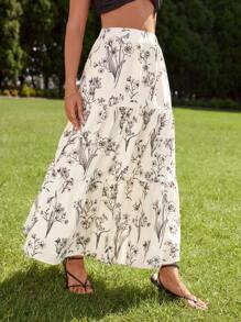 SHEIN VCAY Resort Style High Waist Loose Fit Botanical Printed Multi-Layered Ruffled Ruffle Hem Women Skirts - Black and White - View 6
