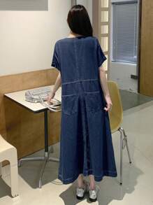DAZY 女士休闲洗水牛仔短袖连衣裙夏季 - 藍色 - 查看 4