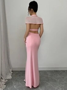 SHEIN PETITE Váy bó hở lưng cổ đan màu trơn thanh lịch kiểu Pháp dành cho nữ, mùa thu - Hồng - Xem 2