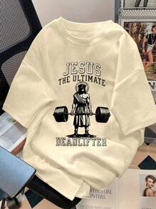 INAWLY Camiseta casual de manga corta, cuello redondo y corte holgado con gráfico impreso de Jesús levantando una barra de pesas para mujer - Albaricoque - Ver 1