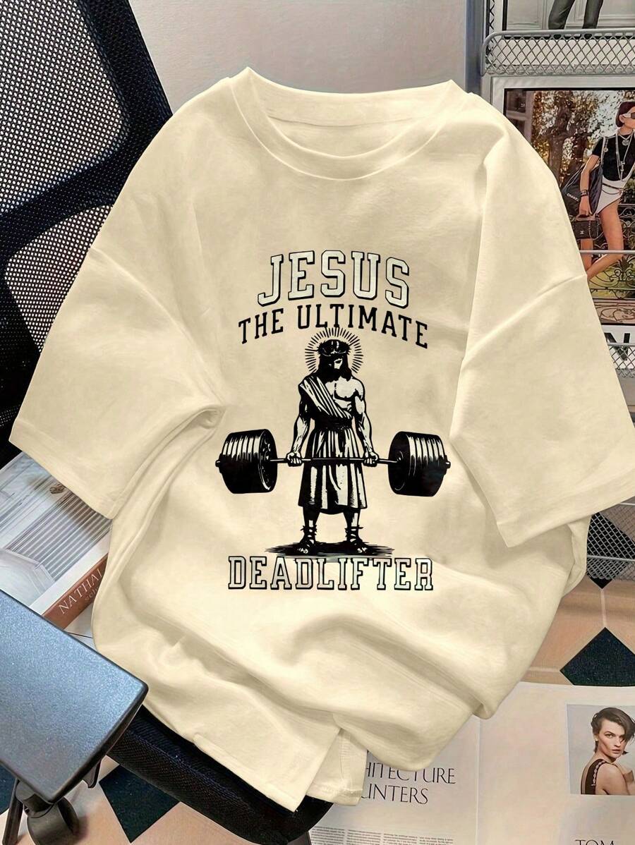 INAWLY Camiseta casual de manga corta, cuello redondo y corte holgado con gráfico impreso de Jesús levantando una barra de pesas para mujer - Albaricoque - Ver 1