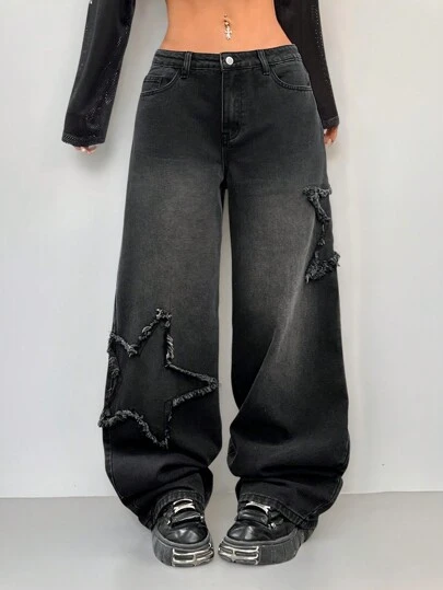 Coolane Women's Y2K Streetwear Denim Star Pattern Dirty Washed Low Rise Pants