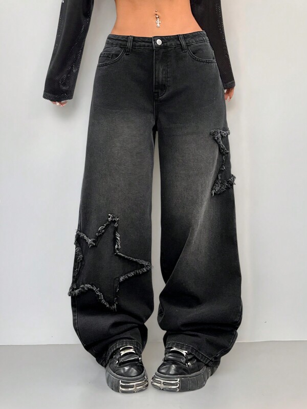 Coolane Women's Y2K Streetwear Denim Star Pattern Dirty Washed Low Rise Pants, Back To School, Vintage, Fall Women Clothes