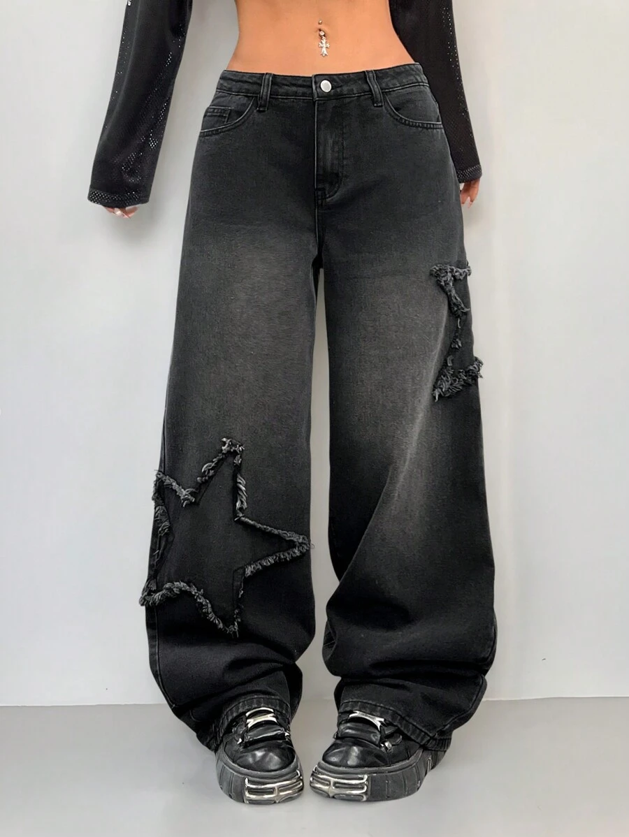 Coolane Women's Y2K Streetwear Denim Star Pattern Dirty Washed Low Rise Pants