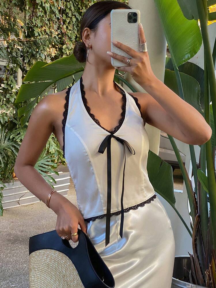 Women's Fitted Satin V-Neck Backless Lace Patchwork Tied Strap Camisole Tank Top,Halter Top