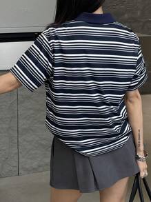 DAZY Women's Polo Collar Short Sleeve Casual Striped T-Shirt - Multicolor - View 5