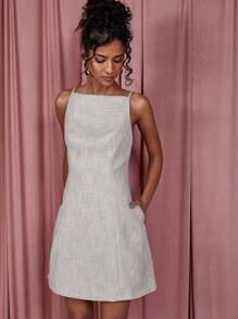 COSMINA Women's Spaghetti Strap Minimalist Zip Back Bodycon Mini Dress, Casual Daily Wear - Grey - View 3