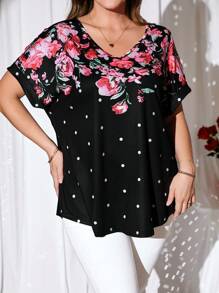 EMERY ROSE 大码女式花卉印花蝙蝠袖情人节 T 恤，女士夏季服装 - 彩色 - 查看 4