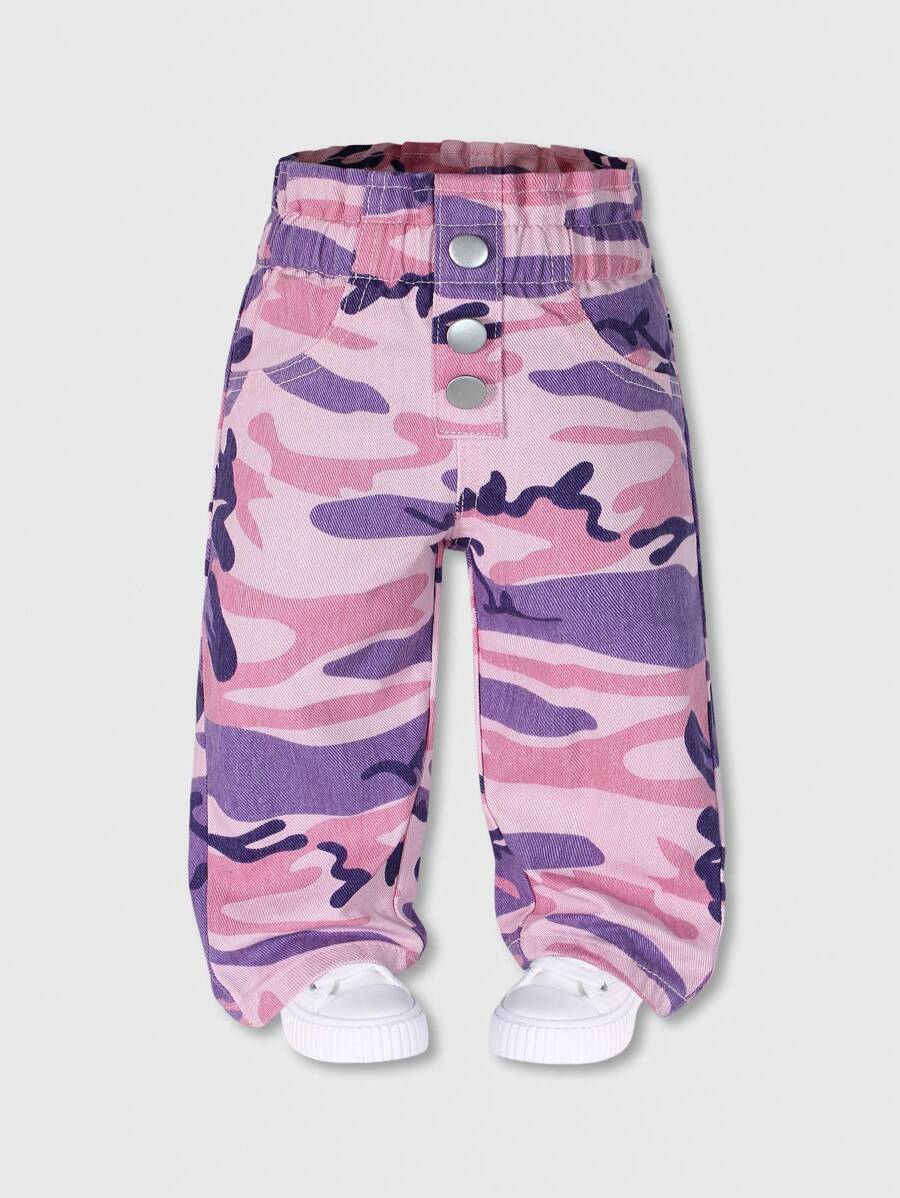 SHEIN Baby Mädchen Baumwolle Lässig Vielseitiger Allround-Look Rosa Blumen Muster Streetwear Stil Elastischer Bund Washed Jeans, 2024 Neuer Basicbedarfsartikel - Verschiedenfarbig - Übersicht 1