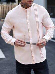 Manfinity Homme Men's Casual Business Commute Solid Color Long Sleeve Button-Up Shirt,Men's Solid Color Texture Casual Wrinkle Double Patch Bag Commuting Light Mature Long Sleeved Button Up Shirt, For Fall - Pink - View 3