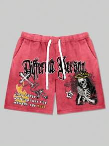 ROMWE MEN Street Life Men's Gothic Skull Distressed Vintage Print Shorts, Halloween - Pink - View 1
