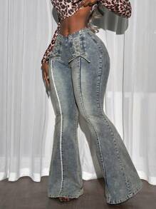 Slaydiva 女式系带设计喇叭休闲牛仔裤