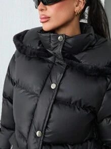 EURMUSE Faux Fur Detailed Hoodie Zip Up Two Front Pocket Winter Coat - Black - View 3