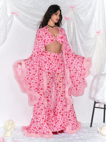 Kawaii Valentine's Day Faux Fur & Mesh Patchwork See-Through Oversized Women Blouse/Cardigan