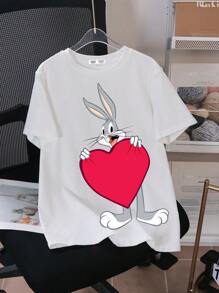 LOONEY TUNES X SHEIN Tween Boy Casual Rabbit Print T-shirt met korte mouwen, geschikt voor de zomer en Valentijnsdag